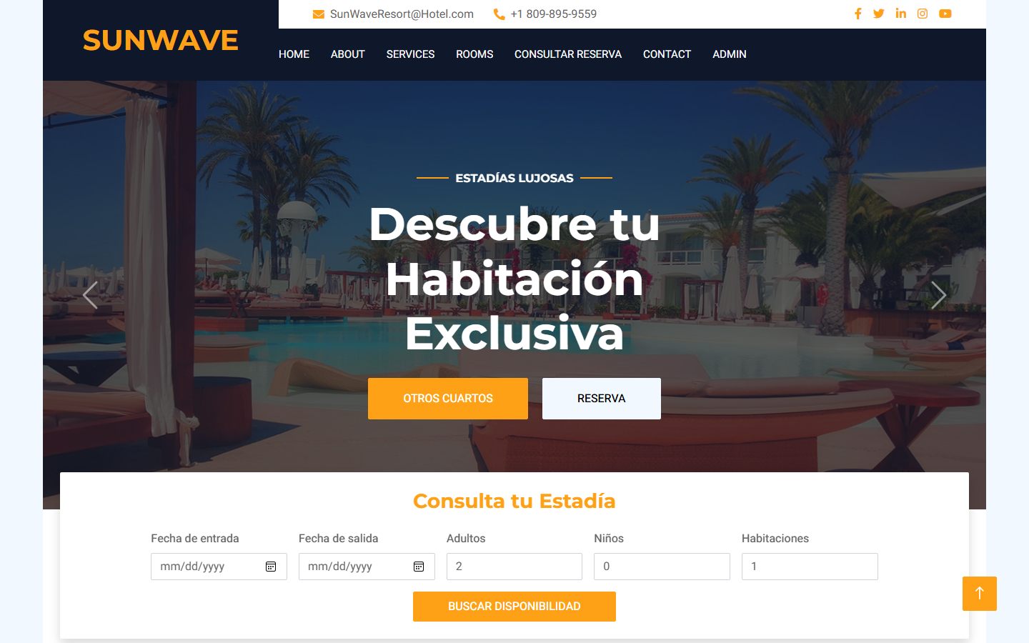 Página de inicio de SunWave Resort con buscador de disponibilidad